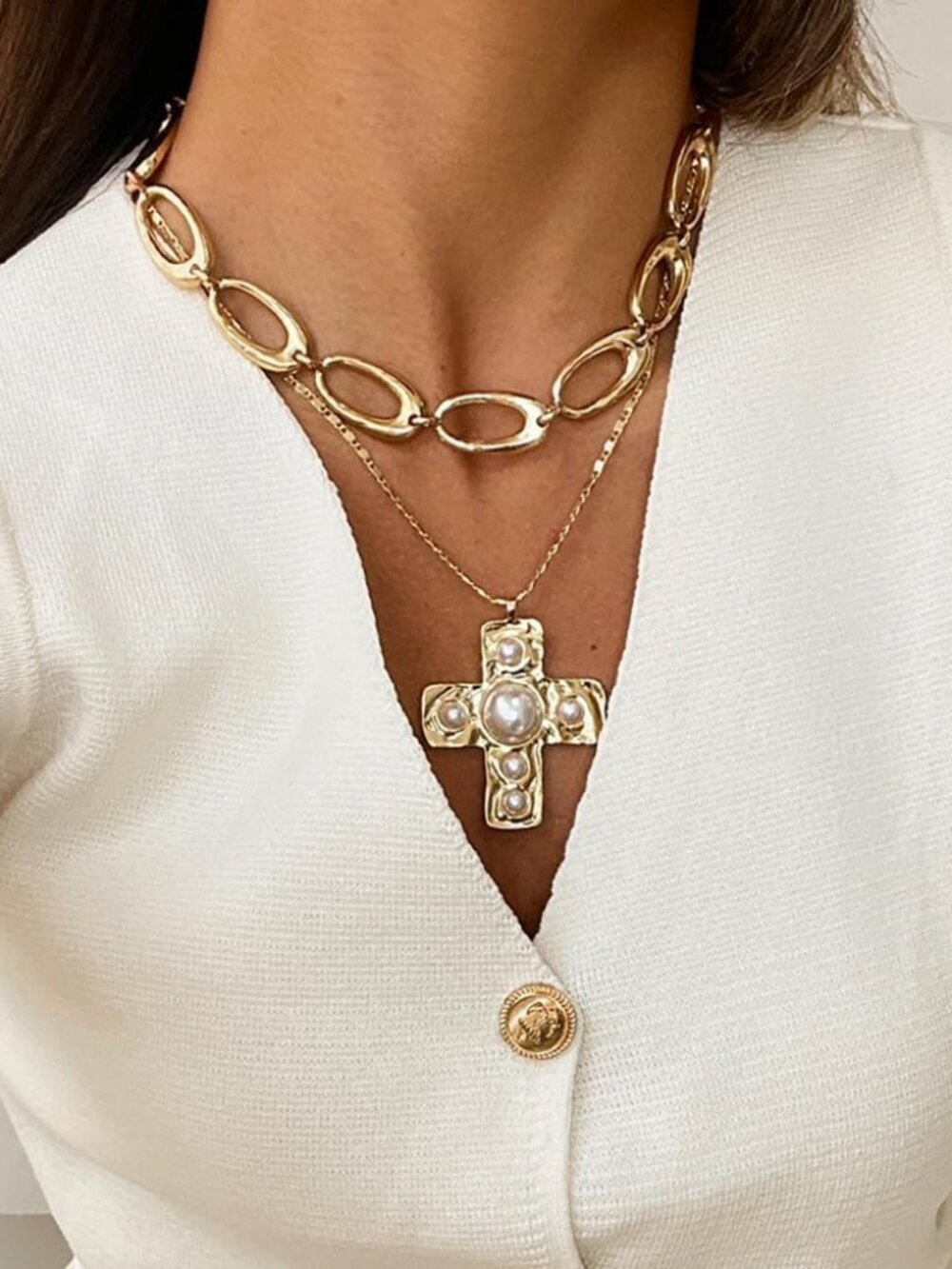 Gold Chunky Cross Necklace for Women Statement Pearl Cross Pendant Necklace Chun - Picture 4 of 7